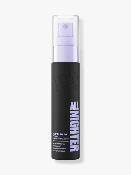 Urban Decay All Nighter Waterproof Makeup Setting Spray black and purple spray bottle on light gray background
