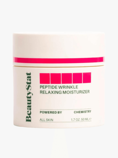 BeautyStat Peptide Wrinkle Relaxing Moisturizer in branded tub component on a light gray background