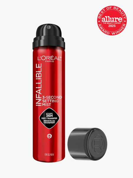 L’Oréal Paris Infallible 3-Second Setting Spray in branded component on a light gray background with best of beauty 2025 seal in the top right corner